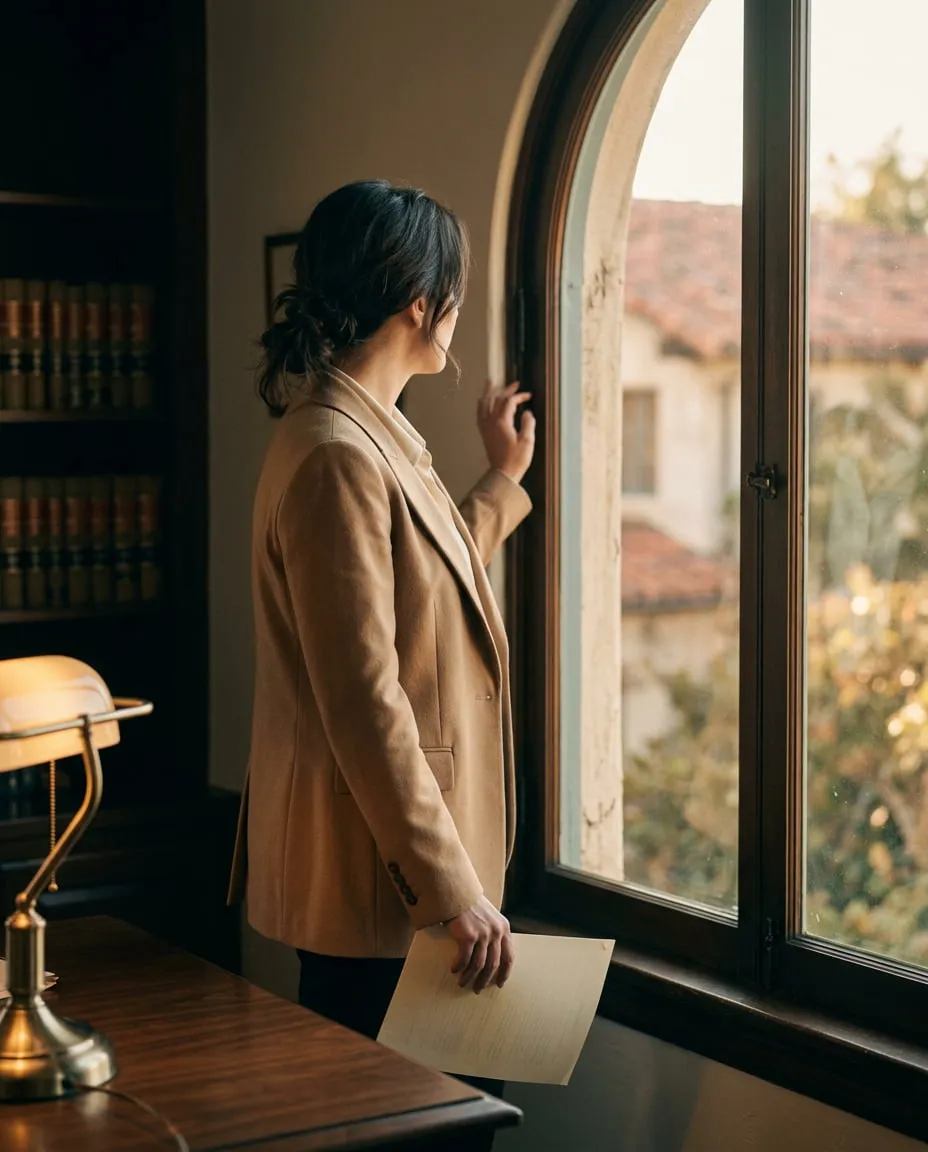 An attorney reviewing a case file by a sunlit window