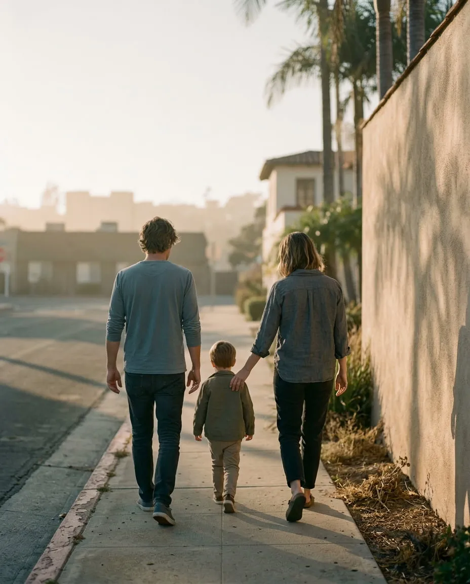 A family walking together in morning light