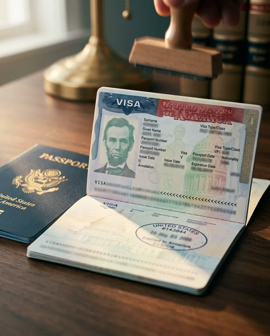 A stamped U.S. visa resting on a passport